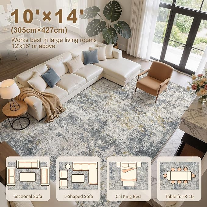 kakania Washable 10x14 Area Rug for Living Room: Abstract Modern Home Decor | Soft Stain Resistant, Low-Pile, Non-Slip, Pet & Kid Friendly, Thin Rug for Bedroom/Dining Room/Kids Dorm - Blue Grey