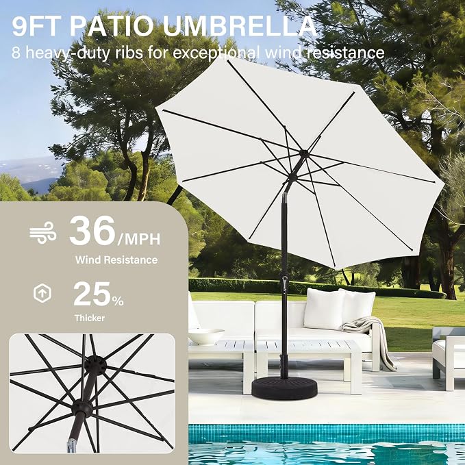 MEWAY 9ft Patio Umbrella Outdoor Table Umbrellas with Push Button Tilt and Crank, Market Umbrella 8 Sturdy Ribs for Deck, Garden, Pool and Backyard, Creamy-white