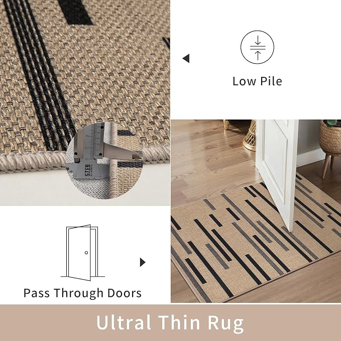 Tangsoo Easy Jute 2.6x8 Runner Rug for Hallway,Washable Non-Slip Indoor Rug | Modern Brown Irregular Striped Thin Outdoor Rug, Farmhouse Long Carpet Runner for Porch Laundry Bedroom Living Room