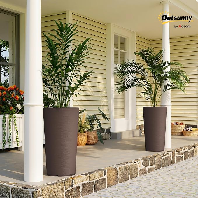 Outsunny 29 Inch Tall Planters for Outdoor Plants, Set of 2 Plastic Flower Pots with DIY Drainage Holes, Stackable Large Planters for Indoor Plants, Front Porch Decor, Brown