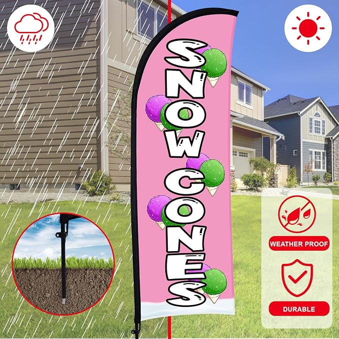 Buryeah 2 Sets Snow Cones Open Feather Flag for Business Advertising 8 ft Feather Flag Sign with Flagpole Ground Stake Portable Bag Snow Cones Banner with Rope for Outside Garden Park Party (Pink)