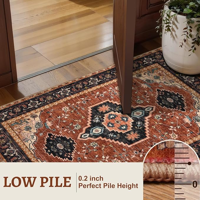 Tangsoo Vintage Orange 2x6 Washable Runner Rugs for Hallways, Non Slip | Oriental Soft Low Pile Long Rug Runner, Boho Carpet Runners for Kitchen Bedroom Entryway Bathroom Living Room Home Decor