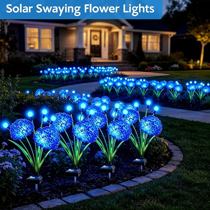 Solar Garden Lights, 8 Pack Blue Solar Swaying Firefly Lights With Flowers, Waterproof Blue Flowers Light Outdoor for Garden Patio Yard Pathway Fall Decoration, Gifts for Women Mother's Day