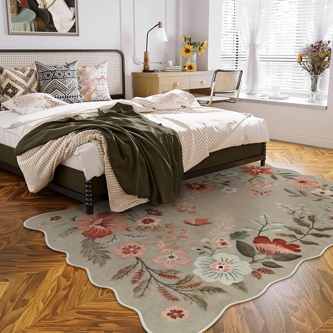 Lahome Floral Washable Rugs for Living Room Bedroom, Soft 5x7 Area Rugs | Non-Slip Stain Resistant Boho Low-Pile Throw Large Carpet for Dining Room Office Flore, Brown