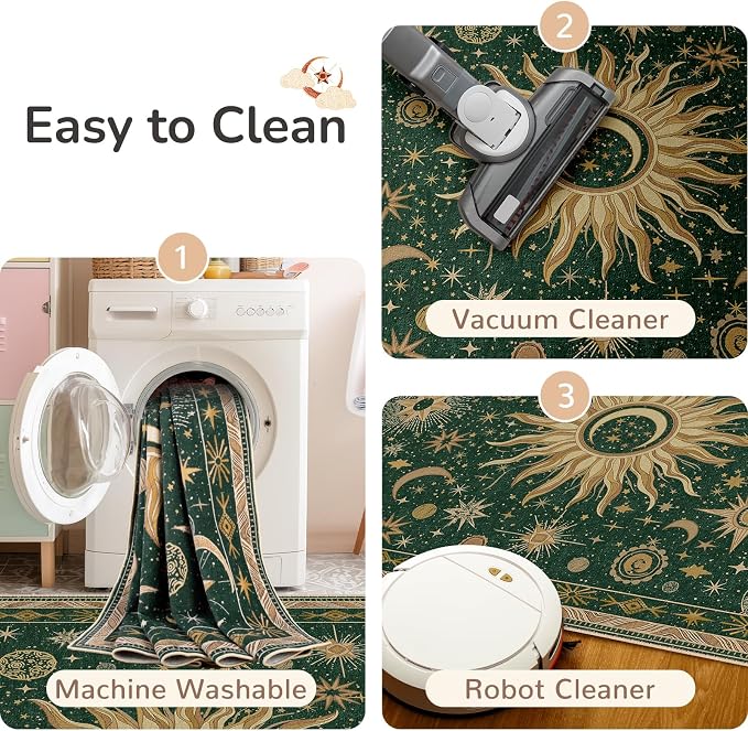 Vacuum-Friendly, 6x9 Washable Area Rug, Green Gold Yellow | Sun and Moon Boho Gothic Non-Slip Low Pile Living Roon Bedroom Dining Room Kitchen Entry Entryway Entrance Hallway Doormat