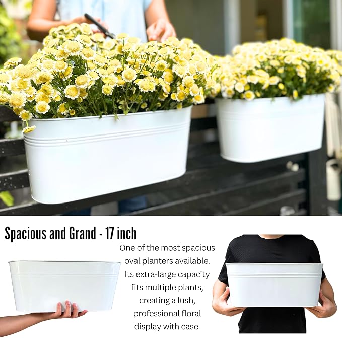 LaLaGreen Planter Boxes for Outdoor (8 Pack, 17 Inch) White Metal Deck Railing Hanging Flower Pots, Large Window Box Plant Holder Hooks Fence Rail Bucket Modern Countryside Boho Style Wall Mount Porch