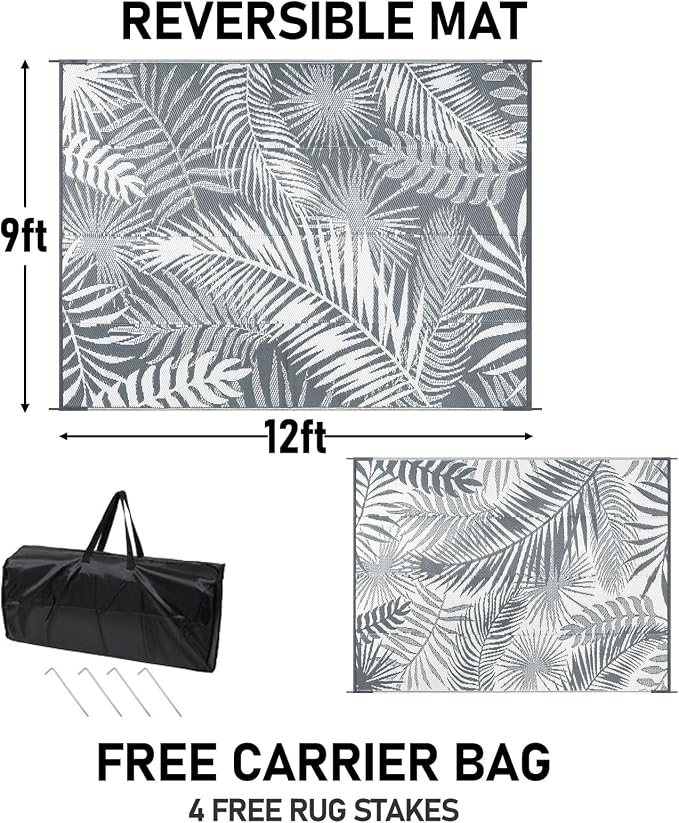 Outdoor Reversible Plastic Straw Rug, 9'x12', Cool Gray, Large Patio Mat for RV, Backyard, Deck, Picnic, Beach, Trailer, Camping