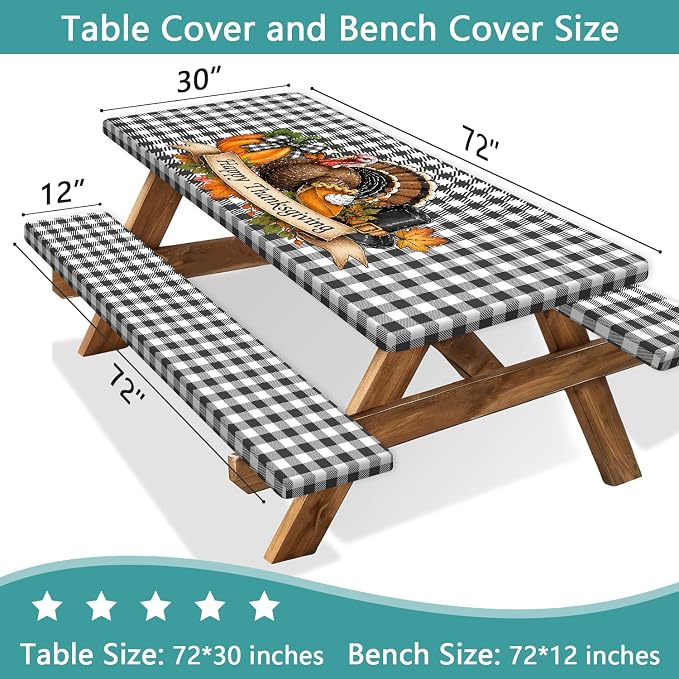 Thanksgiving Picnic Table Cover Set with Bench Covers, Buffalo Check Plaid Turkey Happy Thanksgiving Waterproof Elastic Fitted Outdoor Patio Camping Tablecloth