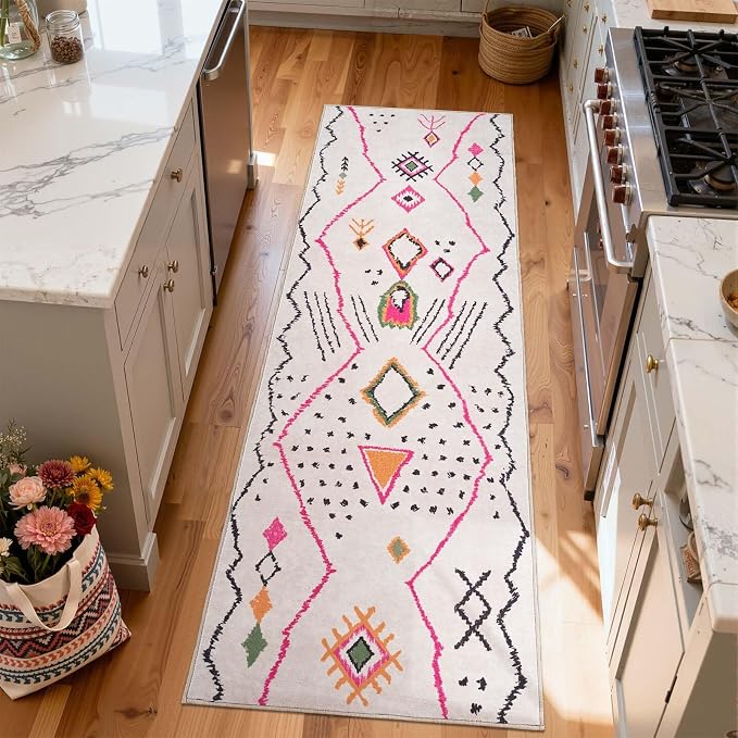 jinchan 2x6 Runner Rug Hot Nerd Boho Geometric Washable Hallway Rug, Beige | Tribal Inspired, Irregular Lines, Diamond Accents, Washable, Soft Touch, Non-Slip, Low Pile, Entryway, Kitchen, Bedroom