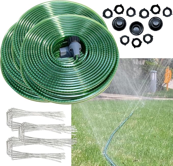 Watoo 2026 Sprinkler Hose & Soaker Hose for Yard - 150FT (50 * 3) Reinforced Flat Garden Hose with Holes, Heavy Duty No-Kink Lawn Irrigation Hose (Includes Stakes, High Pressure Spray)