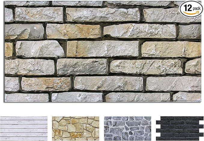 COMSTICKC 3D Stone Wall Panel Peel and Stick,12 Pcs of 22.8" x 11.8", DIY Lightweight PVC Stone Brick Textured Self Adhesive Wall Tiles Backsplash Interior Decor, Paintable, Covers 22.48 sq.ft