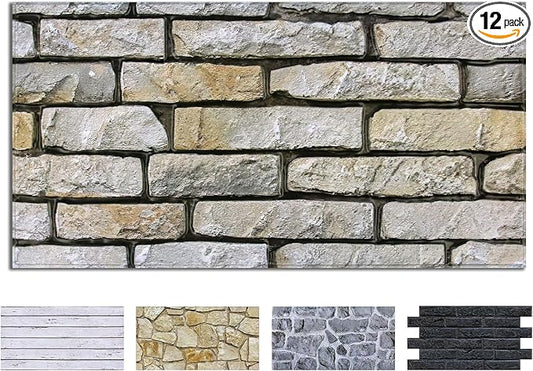 COMSTICKC 3D Stone Wall Panel Peel and Stick,12 Pcs of 22.8" x 11.8", DIY Lightweight PVC Stone Brick Textured Self Adhesive Wall Tiles Backsplash Interior Decor, Paintable, Covers 22.48 sq.ft