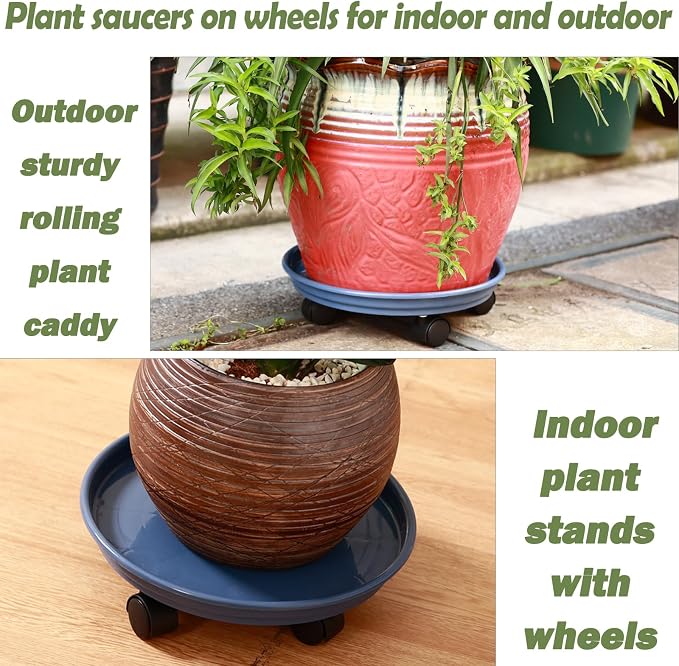 8 Packs Plant Caddy With Wheels 12" Plastic Rolling Stands Heavy-Duty Dolly With Casters Indoor and Outdoor Roller Base Large Heavy Pot Saucers Plant Mover, Brown