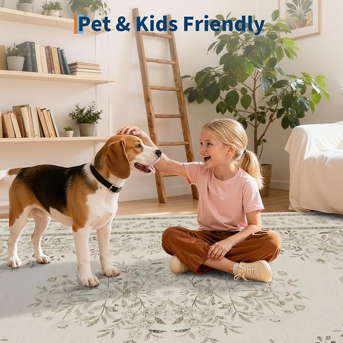 GarveeHome 4ft Round Rug for Nursery Vintage Floral Floor Carpets | Leaf Flower Bordered Throw Rugs for Living Room Machine Washable Non-Slip Brown Botanical Area Rug for Bedroom Dining Room