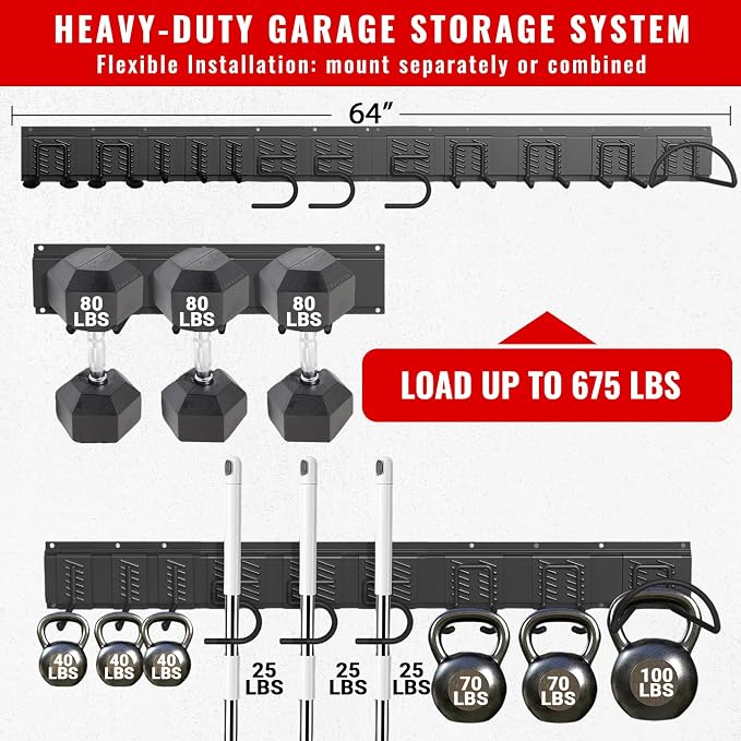 Garage Tool Organizer Wall Mount, Easy to 64inch Install Heavy-Duty Garage Storage System with 12 Adjustable Hooks, Garden Tool Rack for Shovels, Rakes, Yard Tools