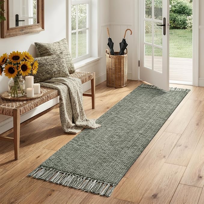 Sage Green Kitchen Runner Rug, 2' x 6' Boho Washable Bathroom Mat | Modern Farmhouse Hallway Runner Rugs Hand-Woven Reversible Bedroom Carpet for Laundry Entryway Home Decor