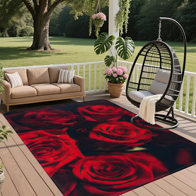 Red Rose 5x7 Area Rug,Retro Romantic Rose Flower Washable Carpet Non Slip Mat Low Pile Large Rugs for Living Room,Bedroom,Farmhouse,Dining Room,Kids Playroom,Kitchen Indoor
