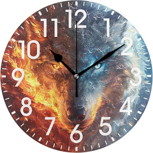 ALAZA Home Decor Fire Eye Wolf Animal Round Acrylic 9.84 Inch Wall Clock Non Ticking Silent Clock Art for Living Room Kitchen Bedroom