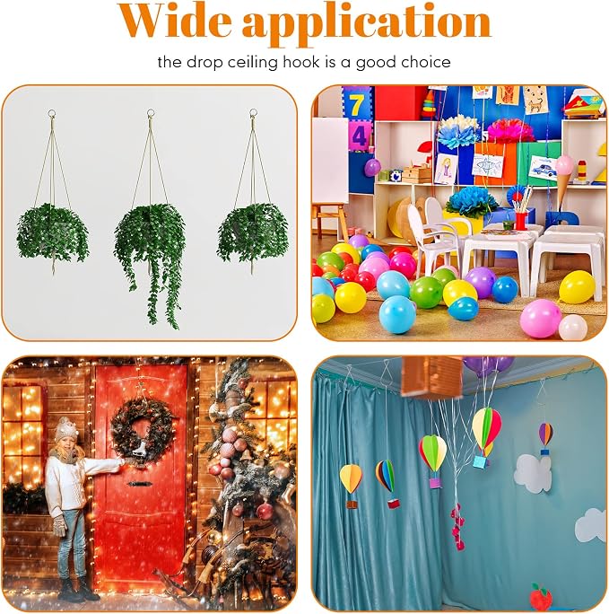 Vicenpal 100 Pcs Drop Ceiling Hooks Bulk for Classrooms Offices Hanging Set, 50 Pairs Right and Left 50 Pcs Clips for Tile Decorations, Metal Suspended T Bar Hooks for School Plants