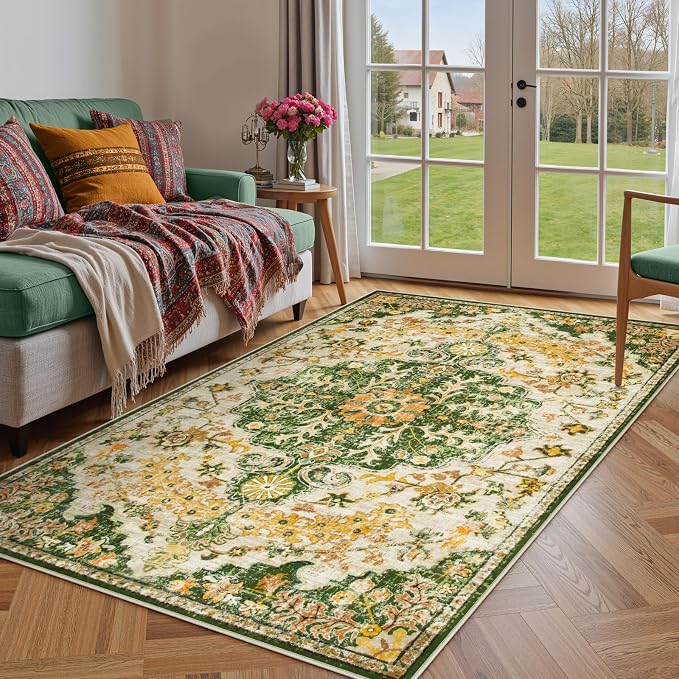 Lahome Reine Bohemian Floral Medallion Area Rug, 4x6 Soft Rugs for Living Room Washable Rugs for Bedroom, Vintage Non Slip Indoor Carpet for Apartment Dining Room Kitchen, Yellow/Green/Multi