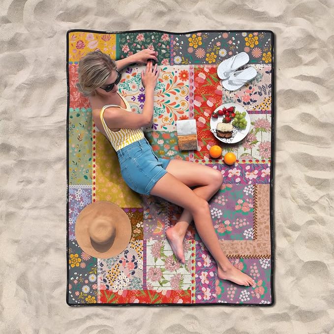 Boho Flower Picnic Blankets Waterproof Foldable, 60’‘x80'' Portable Outdoor Picnic Mat Water Resistant for Grass, Padded Lawn & Park Blanket for Camping, Hiking