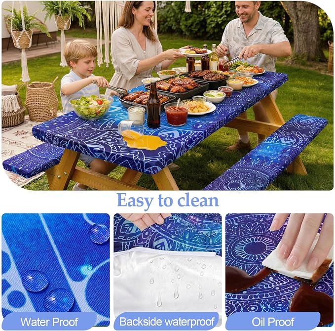 Picnic Table Cover with Bench Covers Camping Essentials Waterproof Windproof Camping Tablecloth with Drawstring Bag, Fitted Rectangle Tables and Seats, 60in, Blue Purple