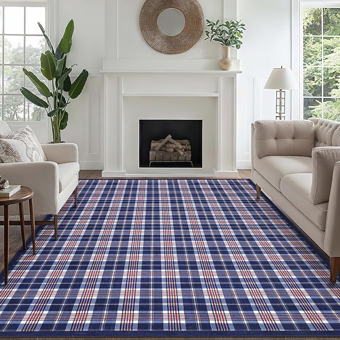 GarveeHome Checkered Area Rugs 9x12 for Living Room, Machine Washable Non Slip Backing Rug, Low-Pile Stain Resistant Indoor Carpet for Bedroom Dining Room Office Nursery Floor Decor Blue