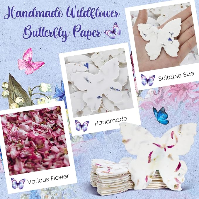 Dunzoom 50 Pcs Handmade Seed Paper Plantable Wildflower Seed Paper Recycled Flower Petals Tags Wedding Favors for Guests Craft Gifts Cards for Envelope Birthday Party, 5 Styles (Butterfly Shape)