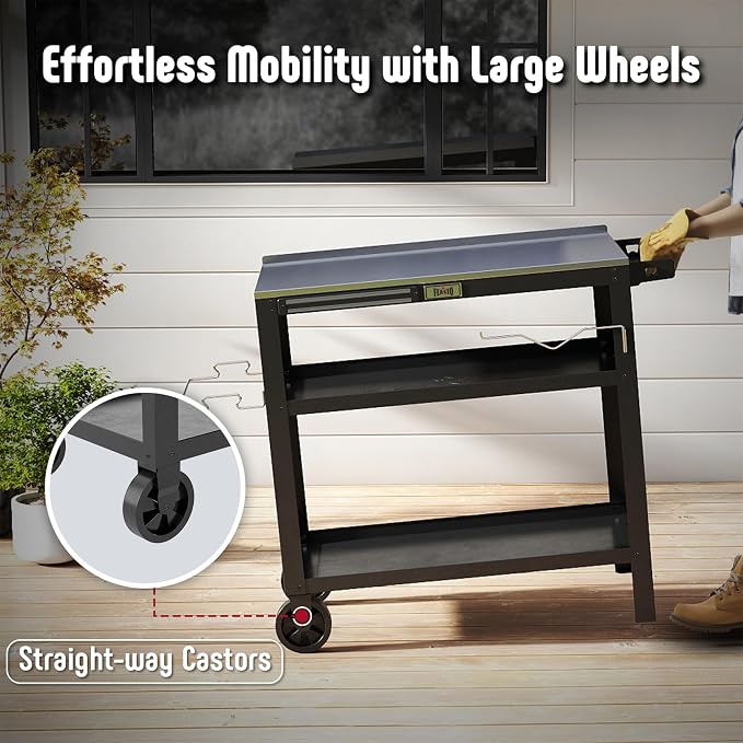 Feasto Outdoor Grill Table, Prep Table with Wheels, 31.5"x18" | Seasoning Rack & Magnetic Tools Holder, Backyard BBQ Kitchen Food Prep Table for Portable Griddle & Pizza Oven