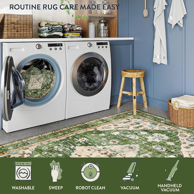 Lahome Felice Boho Tribal Rug - 2x6 Green Bathroom Rug Runner Laundry Room Mat, Vintage Soft Washable Non Slip Accent Carpet for Kitchen Living Room Kitchen Sink Bathroom Doorway