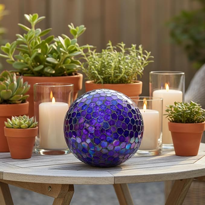 Sunnydaze 10" Mosaic Glass Gazing Ball for Garden, Globe for Outdoor Decor | Iridescent Purple, 2 pk, Decorative Sphere Fits Most Stands, Garden Ball for Outside, Flower Bed, Backyard, or Indoor Display