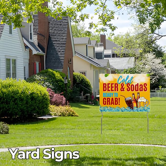 Cold Beer & Sodas - Ready to Grab! Yard Sign by DC | 24"x18" Double Sided Conv. Store Garden Sign with 13” Metal Stakes | Outdoor Signs Waterproof for Lawn, Patio, Sidewalk & House | Set of 2