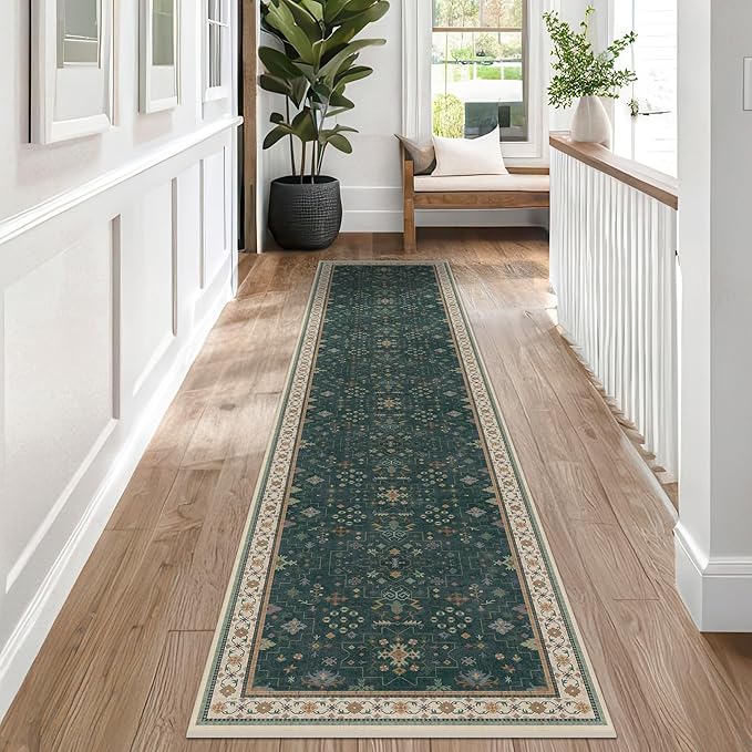 Vintage Dark Green 2x10 Hallway Runner Rug - Modern Boho Eclectic Floral Pastel, Washable Low Pile Non-Slip Extra Long Runner Rugs for Kitchen, Bedroom