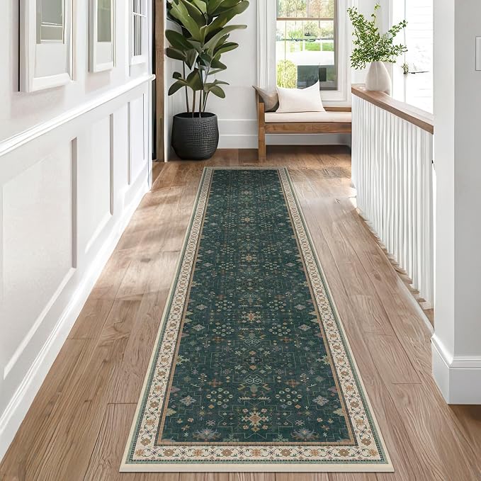 Dark Green Hallway Runner Rug 12 ft Long - Modern Vintage Boho Eclectic Floral with Brown Accent, Washable Low Pile Non-Slip Extra Long Wide Runner Rugs for Kitchen, 3x12