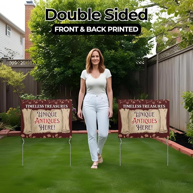 Timeless Treasures - Unique Antiques Here! Yard Sign by DC | 24"x18" Double Sided Conv. Store Garden Sign with 13” Metal Stakes | Outdoor Signs Waterproof for Lawn, Patio, Sidewalk & House | Set of 5