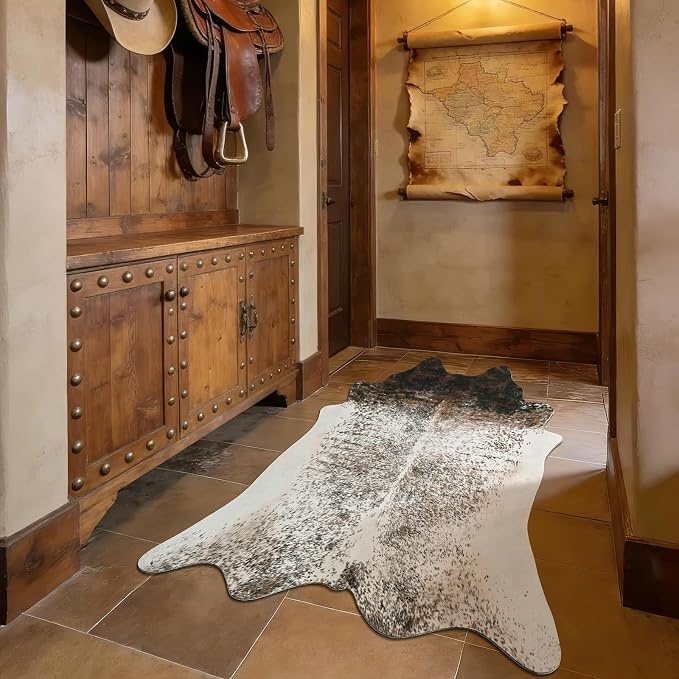 2x3 Small Cowhide Rug, Washable Faux Brown and White Hide Runner Rugs for Entryway, Classic Texas Animal Print Accent Carpet for Fireplace Bedside, Synthetic Decor