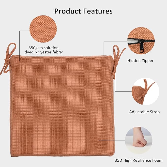 Outdoor Chair Cushions Set of 4,350GSM Fabric,Water-Resistant UV Resistant Weather Resistant with YKK Zippers, Square Corner Patio Chair Cushions with Ties, 20"x20"x3.1",Tangerine