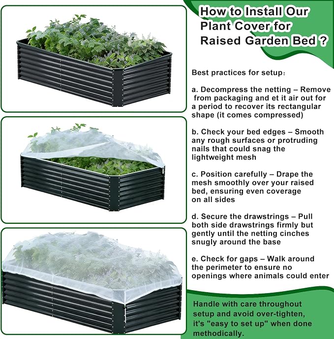 1 Pack Garden Netting for Raised Beds, Fine Mesh Bird Netting Barrier Screen with Zipper Drawstring Garden Bed Plant Cover for Protect Vegetable Fruits Crop from Animals Pest Insect, 6.3×3.3×2Ft