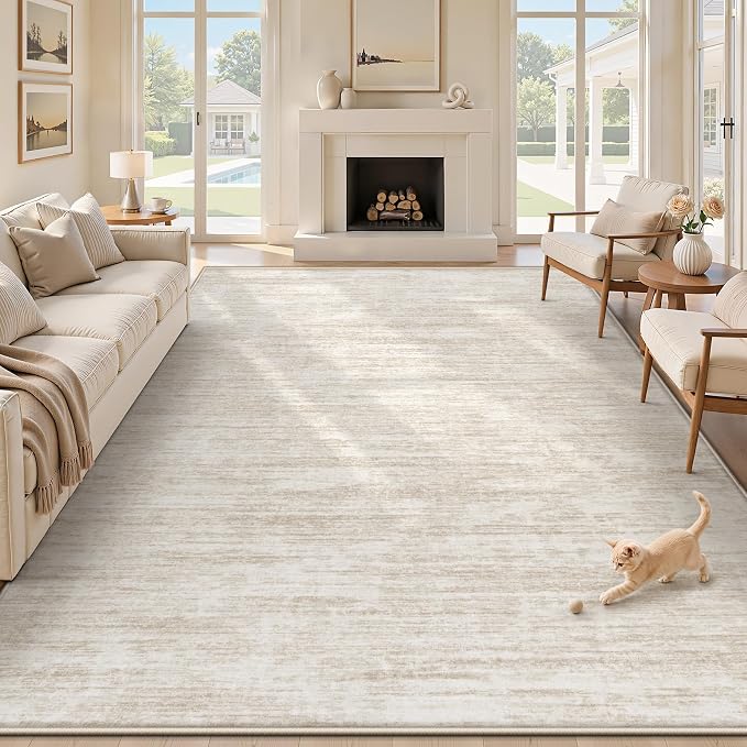 9x12 Area Rugs Living Room Rug: Washable Modern Abstract Rugs Neutral Non Slip Rug Soft Low Pile Indoor Bedroom Carpet for Nursery Office Dining Room Kids Room (Beige, 9'x12')