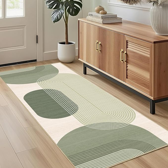 Boho Runner Rug 2x6 for Hallway Kitchen Bedroom,Bohemian Runner Rugs Washable Modern Geometric Rug Non-Slip Printed Low Pile Long Floor Carpet Mat for Bedroom Laundry,Green