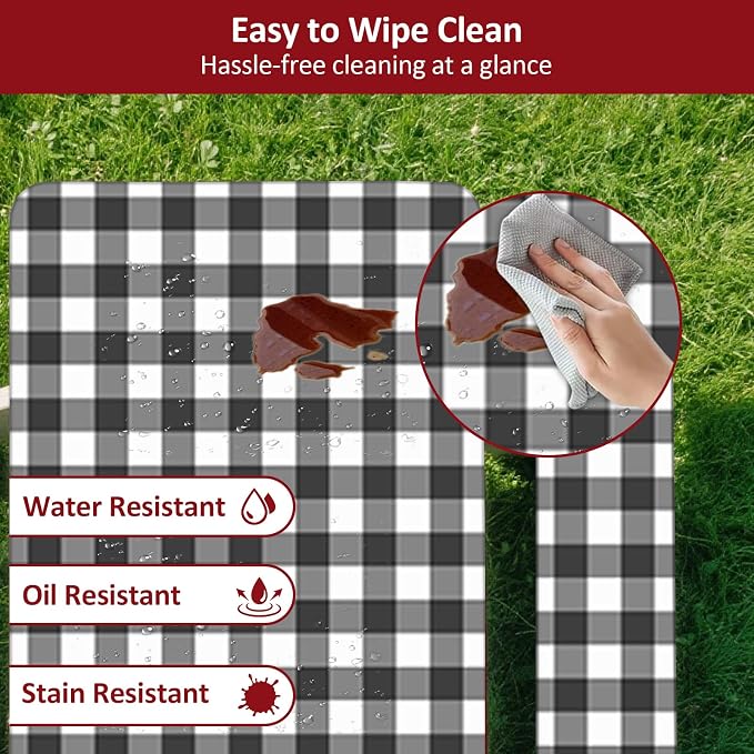 8ft Picnic Table and Bench Cover, Camping Essentials RV Gear, 96 in Waterproof Windproof Outdoor Elastic All Around Tablecloth, Fitted Rectangle Tables and Seats, Black-White Checkered