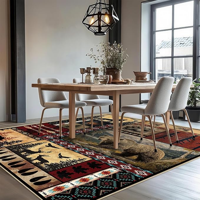 Rustic Cabin Area Rug 5x7 for Living Room, Bear Deer Print Rug, Western Decor Non-Slip Low-Pile Machine Washable Indoor Floor Carpet for Dining Room Bedroom Office