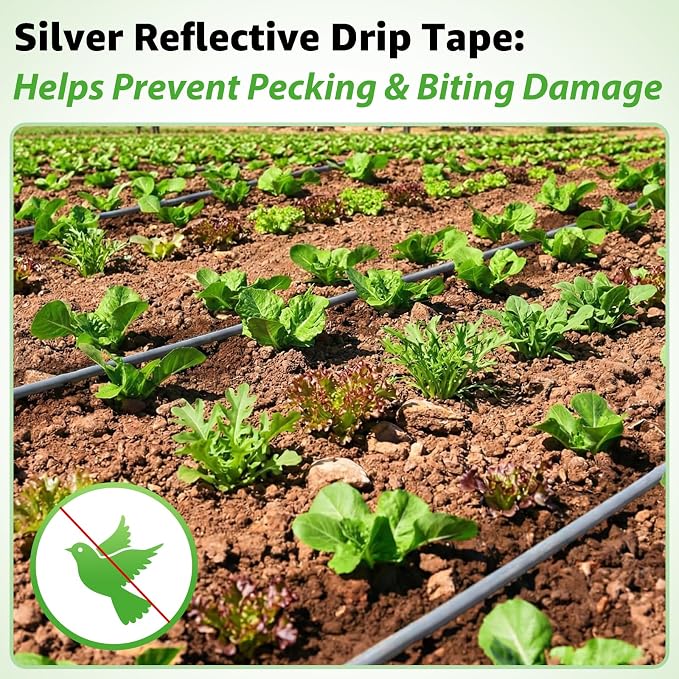 1000FT 5/8" Drip Tape Irrigation, 16 Mil Heavy Duty with 6" Emitter Spacing, Silver Reflective Drip Tape Resistant to Pecking & Biting, Heat-Safe for Seedlings, Ideal for Garden Farm Greenhouse Patio