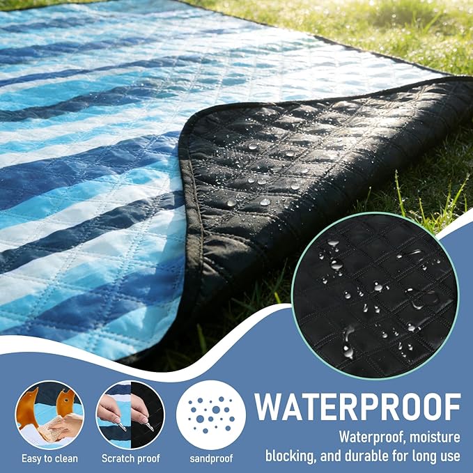 Beach Blanket Waterproof Sandproof, 80''x80''Extra Large Thick 5-Layer Big Outdoor Picnic Camping Blanket Easily Foldable Picnic Mat for Grass, Hiking, Travel, Concerts, Indoor