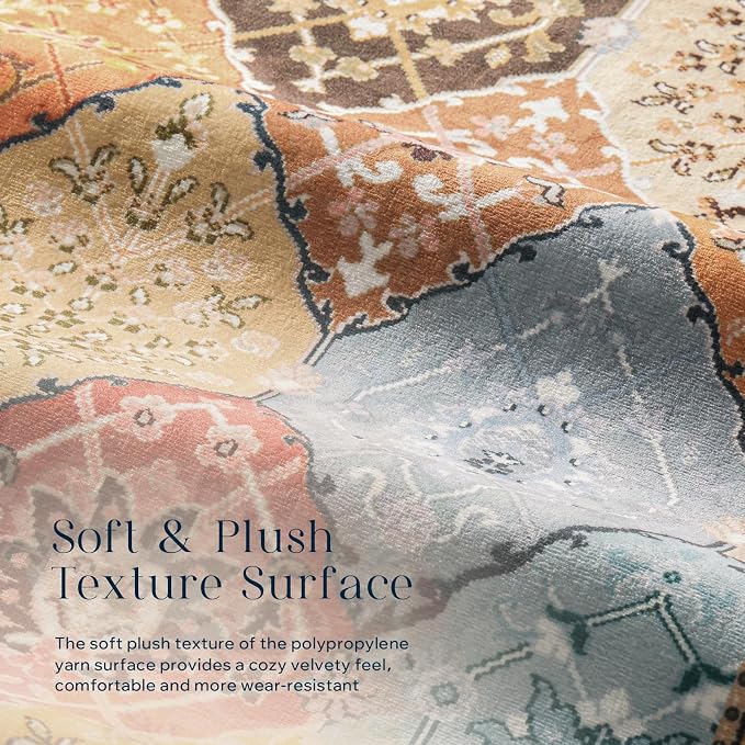 Phantoscope Washable Area Rug 5'x7' Non-Slip, Vintage Boho Rugs for Living Room, Bedroom, Dining Room, Distressed Moroccan Mosaic Diamond Pattern, Low-Pile Foldable Floor Carpet, Terracotta/Rust