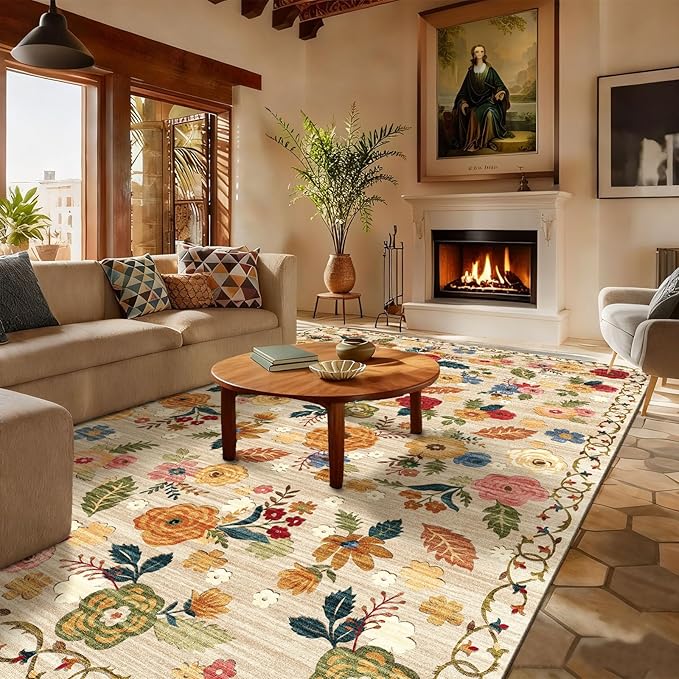 9x12 Area Rug for Living Room: Washable Rug Non Slip Low Pile Soft Faux Wool Non Shedding Distressed Vintage Floral Large Area Rugs for Bedroom Dining Room Kitchen Nursery Under Table Farmhouse Office