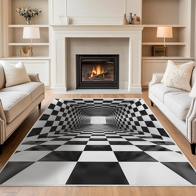 Boho Area Rug for Living Room Abstract 5x7 Entryway Rug Modern 3D Hole Trap Optical Visual Illusion Rugs Non Slip Low Pile Machine Washable Black White Floor Carpet for Indoor Bedroom Dining Room
