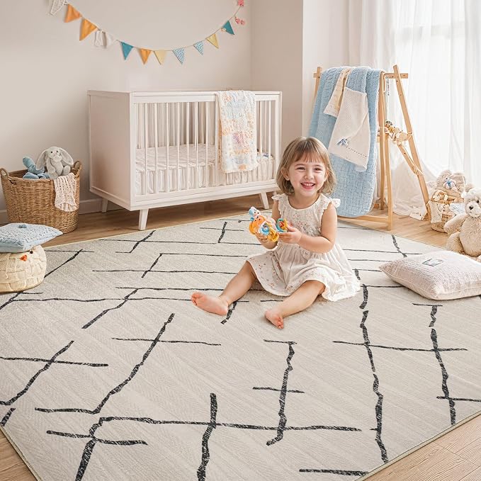 kakania Washable 8x10 Area Rug for Living Room: Boho Geometry Home Decor | Soft Stain Resistant, Low-Pile, Non-Slip, Pet & Kid Friendly, Thin Rug for Bedroom/Dining Room/Kids Dorm - Beige
