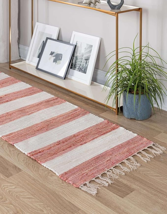 Unique Loom Chindi Rag Collection Area Rug - Striped (2' 7" x 12' 2" Runner, Coral and Ivory)