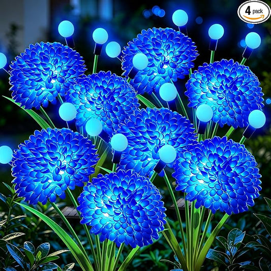 VOOKRY Solar Flowers Outdoor Waterproof, 4 Pack Blue Garden Lights with Swaying Firefly Lights, Flower Light Garden Decor for Yard Patio Pathway Lawn Grave, Gardening Gifts for Women Mother's Day